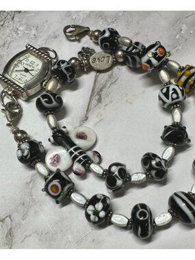 Geneva Watch Black White Art Glass Beaded Band Wrap Around New Battery